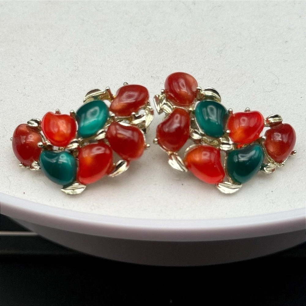 Vintage Red Orange Glass + Aluminum Cabochon Cluster Classic Clip-on Earrings